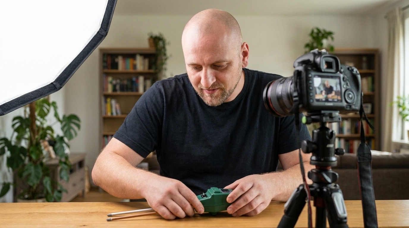 Paul Kramer filmt einen Produkttest zu Hause
